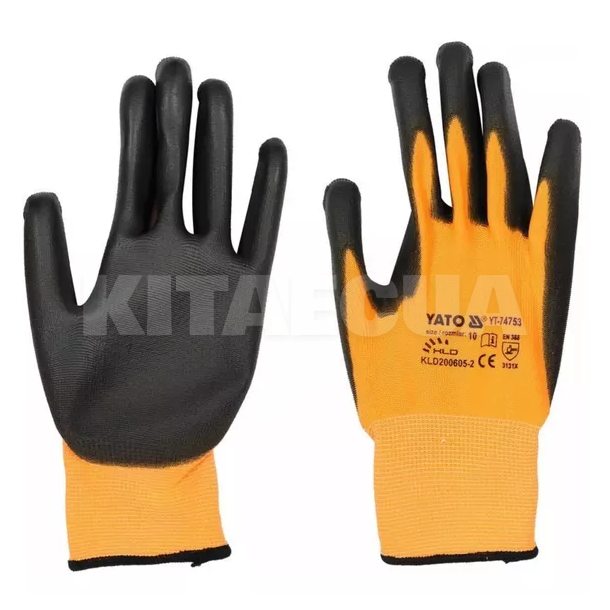 Перчатки рабочие полиуретановые желто-черные 10" YATO (YT-74753)