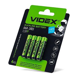 Батарейка циліндрична лужна AAA 1.5 В 4 шт. BLISTER CARD VIDEX