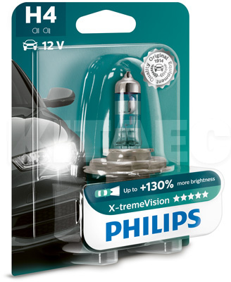 Галогеновая лампа H4 12V 60/55W X-tremeVision +130% PHILIPS (PS 12342XV+B1)