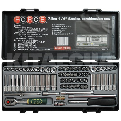 Набор инструментов метрический + дюймовый 1/4" 74 предмета FORCE (FOR 2741)