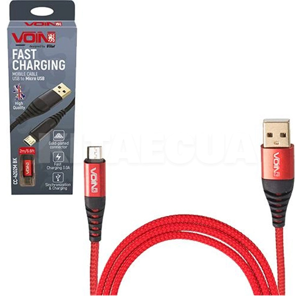 Кабель USB - microUSB 3А CC-4202M 2м красный VOIN (CC-4202M RD)