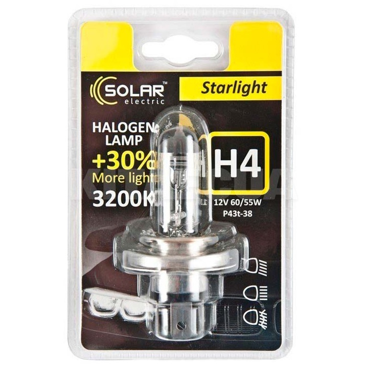 Галогенная лампа H4 60/55W 12V Starlight +30% блистер Solar (1204B1)