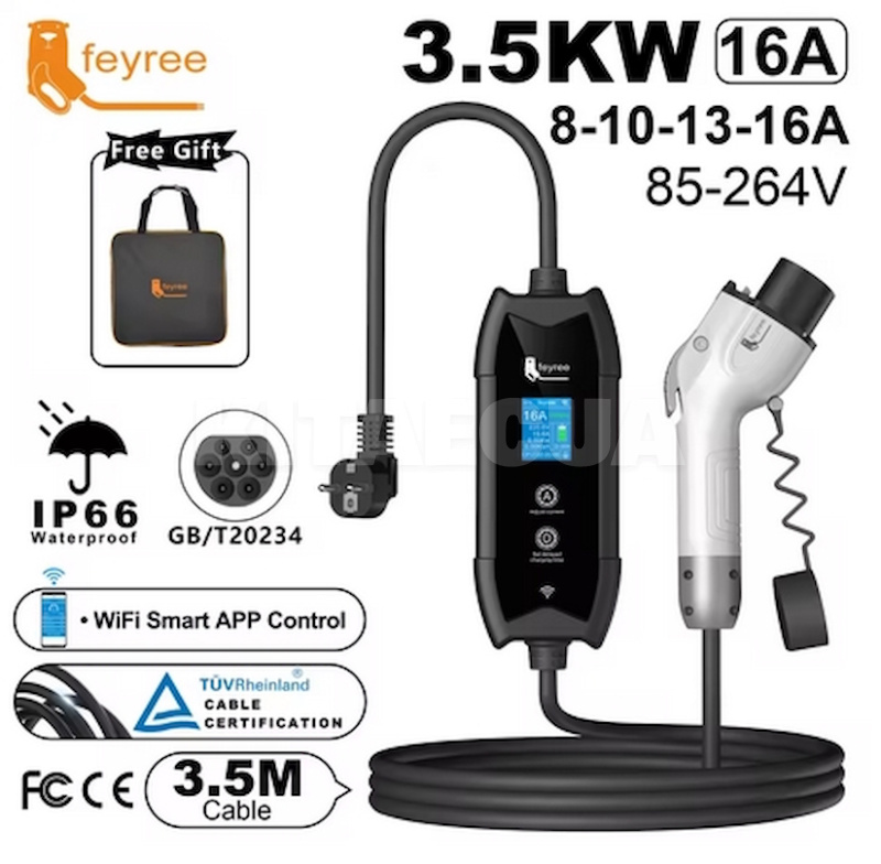 Зарядка для электромобиля GB/T AC 3.7 кВт 16A 1-фаза Flying Cat Wi-Fi FEYREE (FY3.5-16-1PH-GB/T-F9-C3.5)