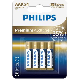 Батарейка цилиндрическая щелочная 1,5 В AAA (4 шт.) Premium Alkaline PHILIPS