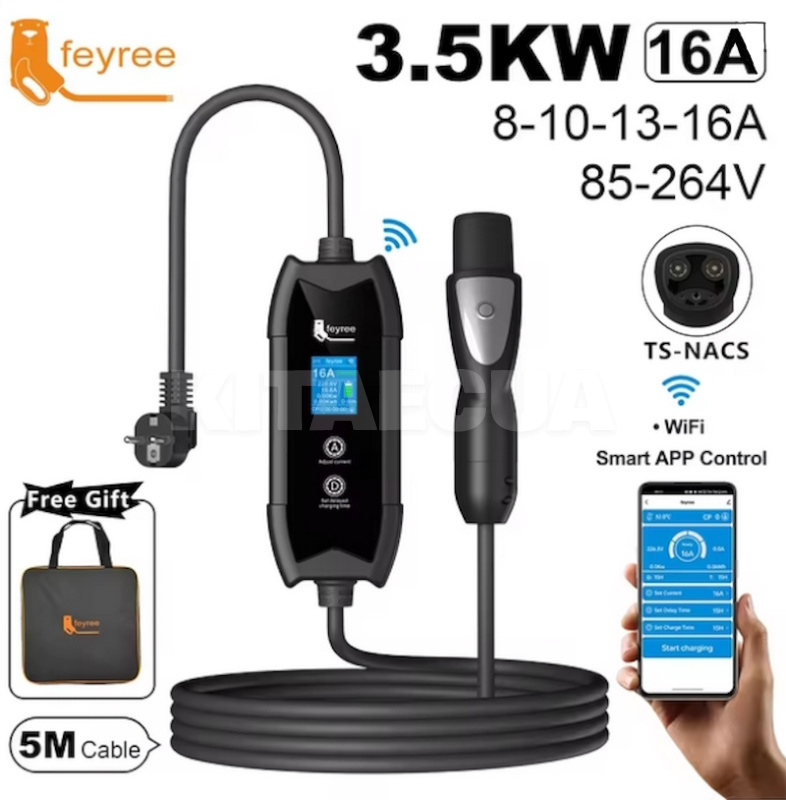 Зарядка для электромобиля Type Tesla 3.7 кВт 16А 1-фаза Flying Cat Wi-ff FEYREE (FY3.5-16-1PH-TS-F9-C)