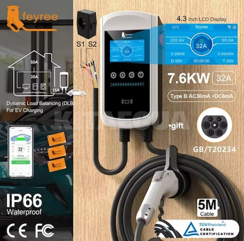 Зарядка для электромобиля 7.4 кВт 32A 1-фаза GB/T AC (китайское авто) Pisces-DLB Wi-Fi FEYREE (FY7-32-1PH-GB/T-CS-PIS-DLB) - 2