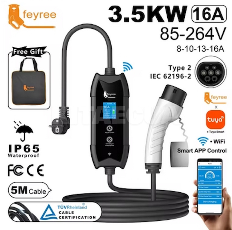 Зарядка для электромобиля Type 2 3.7 кВт 16А 1-фаза Flying Cat Wi-ff FEYREE (FY3.5-16-1PH-TP2-F9-C5)