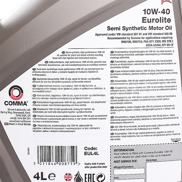 Масло моторное полусинтетическое 4л 10W-40 EUROLITE COMMA (CFC6B8) - 2