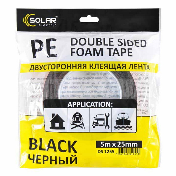 Двостороння клейка стрічка 5 м х 6 мм чорна Solar (DS1065)