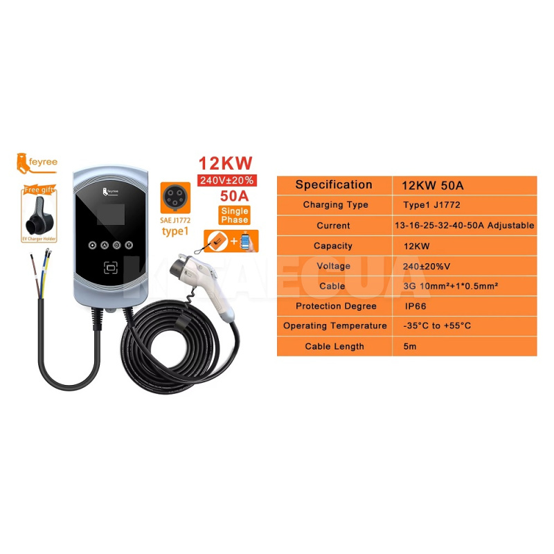 Зарядка для електромобіля 12 кВт 50А 1-фаза type 1 (американське авто) FEYREE (FY12-50-1PH-TP1-CS-P) - 3