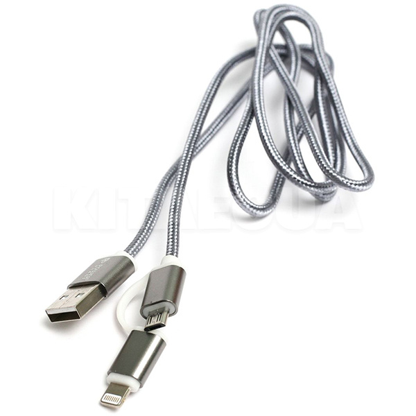 Кабель USB microUSB/Lightning 2A 2в1 1м сірий PowerPlant (KD00AS1289)
