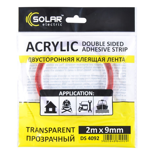 Двусторонняя клейкая лента 2 м х 9 мм прозрачная Solar (DS4092)