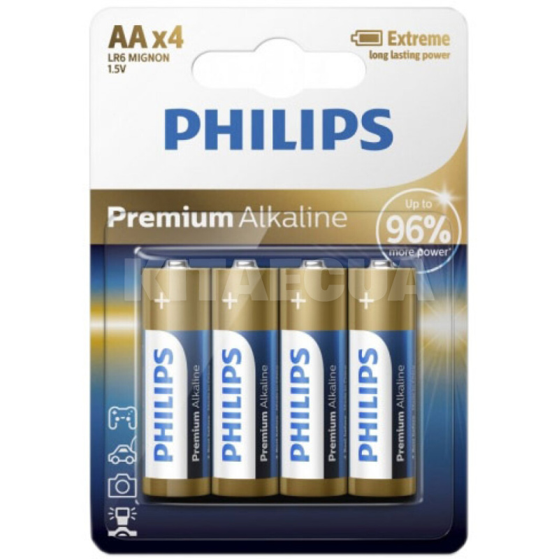 Батарейка цилиндрическая щелочная 1,5 В AA (4 шт.) Premium Alkaline PHILIPS (PS LR6M4B/10)