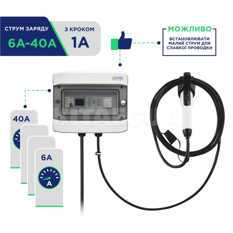 Зарядка для электромобиля 9.2 кВт 40А 1-фаза Type 1 (американское авто) 9м WALL RFID UACHARGER (CHC-WLRF220911-21-9) - 2