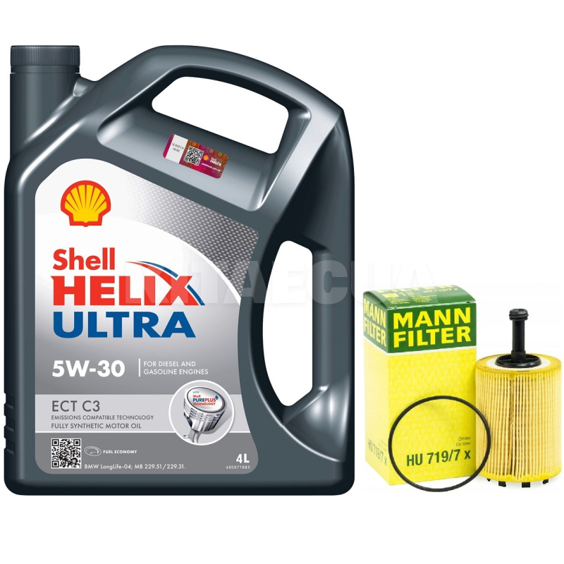 Олія синтетична 4л 5W-30 Helix Ultra ECT C3 + фільтр Mann-Filter на VW Tiguan 2.0 TDI SHELL (204293-HU719-7x)