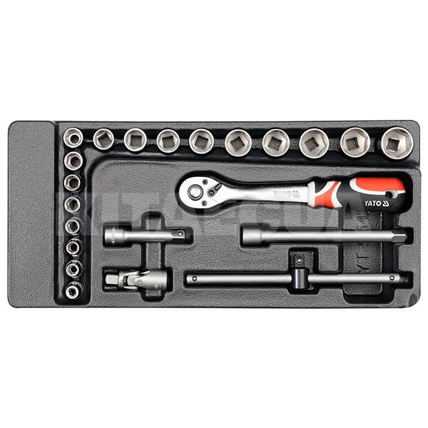 Набір торцевих насадок. CrV з тріскачкою 3/8" 22 предмети у ложементі YATO (YT-5542)