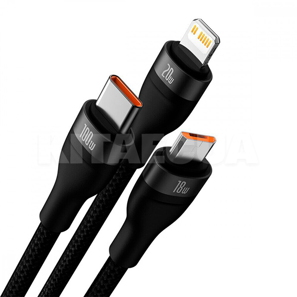 Кабель 3в1 USB - Lightning/microUSB/Type-C 100W 1.2м чорний BASEUS (CASS030001) - 2