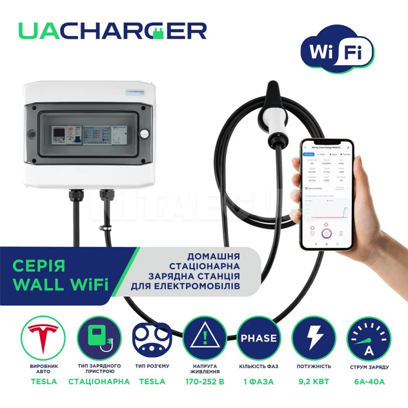 Зарядка для электромобиля 9.2 кВт 40А 1-фаза Type Tesla (американское авто) 4.6м WALL WiFi UACHARGER (CHS-WLWF220941-23) - 8