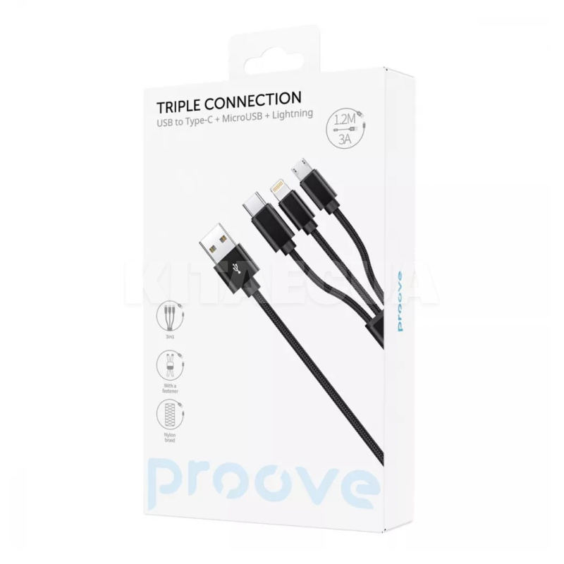 Кабель 3in1 USB to Type-C/Micro USB/Lightning 3А 1.2м черный PROOVE (491920001) - 4