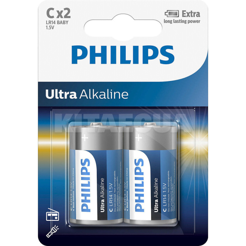 Батарейка цилиндрическая щелочная 1,5 В C (2 шт.) Ultra Alkaline PHILIPS (PS LR14E2B/10)