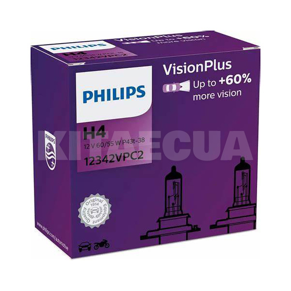 Галогенные лампы H4 60/55W 12V Vision Plus +60% комплект PHILIPS (12342 VP C2)