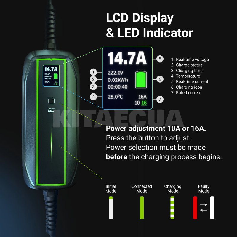 Зарядка для электромобиля 3.7 кВт 16А 1-фаза Type 2 (европейское авто) Power Cable Green Cell на HYUNDAI Kona Electric (EV16) - 8