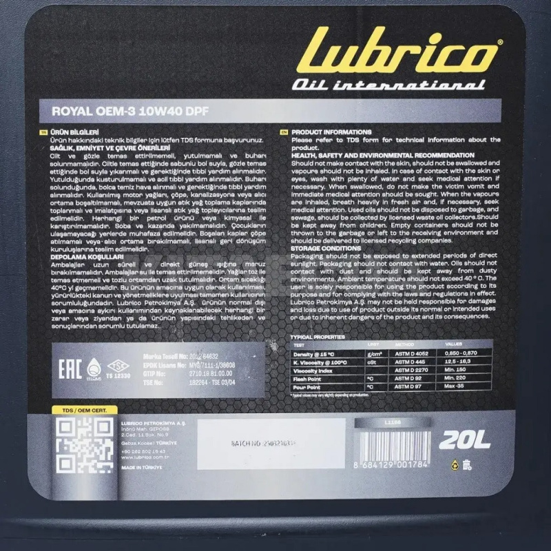 Масло моторне синтетичне 20л 10W-40 ROYAL OEM-3 DPF LUBRICO (L-1168-20100200) - 3