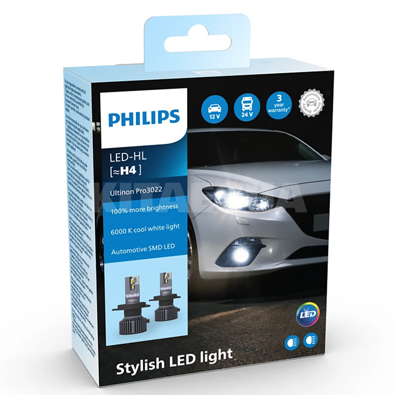 LED лампа для авто Ultinon Pro 3022 H4 20W 6000K (комплект) PHILIPS (11342U3022X2)