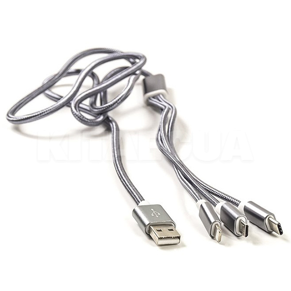 Кабель USB - microUSB/Lightning/Type-C 2.1A 3в1 1.2м серый PowerPlant (CA910663)