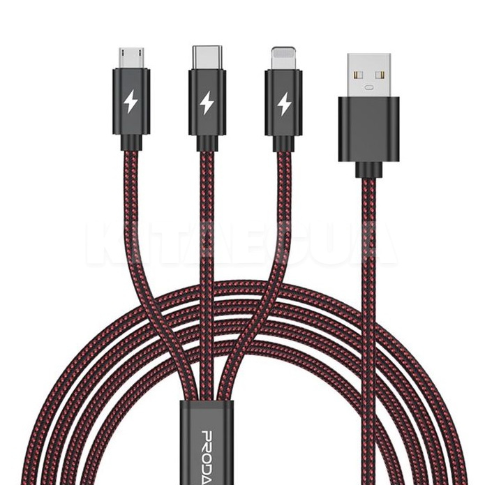 Кабель 3в1 USB - microUSB/Lightning/Type-C 2A PD-B65th 1.2м червоний Proda (PD-B65th-RD)