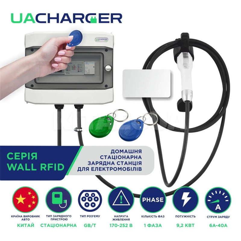 Зарядка для электромобиля 9.2 кВт 40А 1-фаза GB/T AC (китайское авто) 10м WALL RFID UACHARGER (CHC-WLRF220931-21-10) - 4