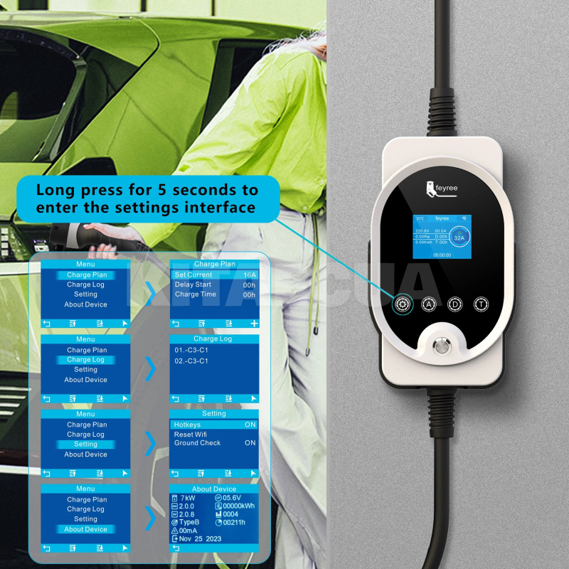 Зарядка для електромобіля 7.4 кВт 32A 1-фаза type 1 (американське авто) WI-FI Master FEYREE на Все для электромобилей Подбор по авто (FY7-32-1PH-TP1-M8) - 3