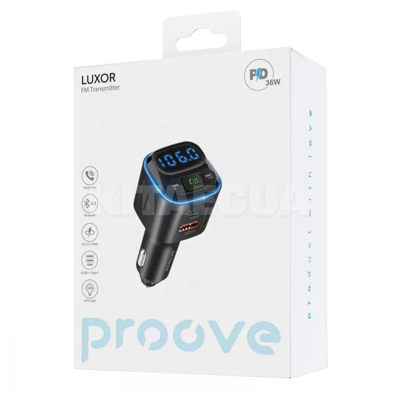 автомобільний зарядний пристрій 36W 2USB+Type-C FM Launcher Luxor PROOVE (555630001) - 2