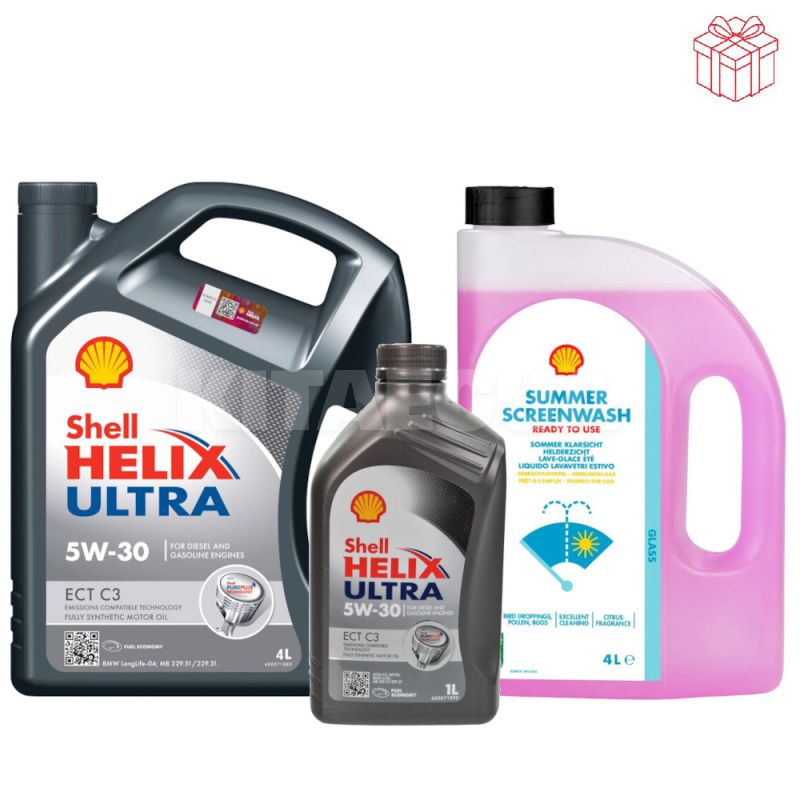Масло моторное синтетическое Helix Ultra ECT C3 5W-30 (4л+1л) + Омыватель летний 4л SHELL (0204293-600043999-48021277432)