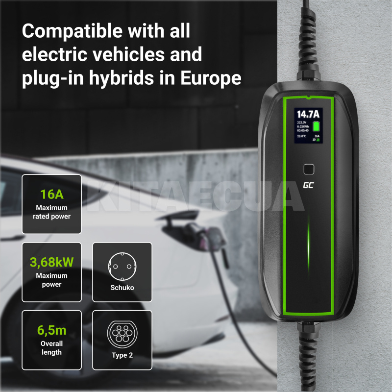 Зарядка для электромобиля 3.7 кВт 16А 1-фаза Type 2 (европейское авто) Power Cable Green Cell на AUDI e-tron (EV16) - 9