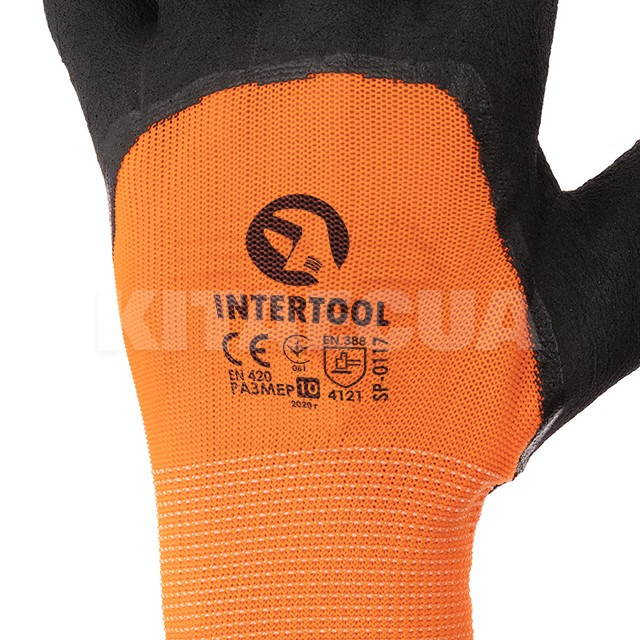 Перчатка оранжевая синтетическая с черным рифленым латексом 10" Intertool (SP-0117) - 3