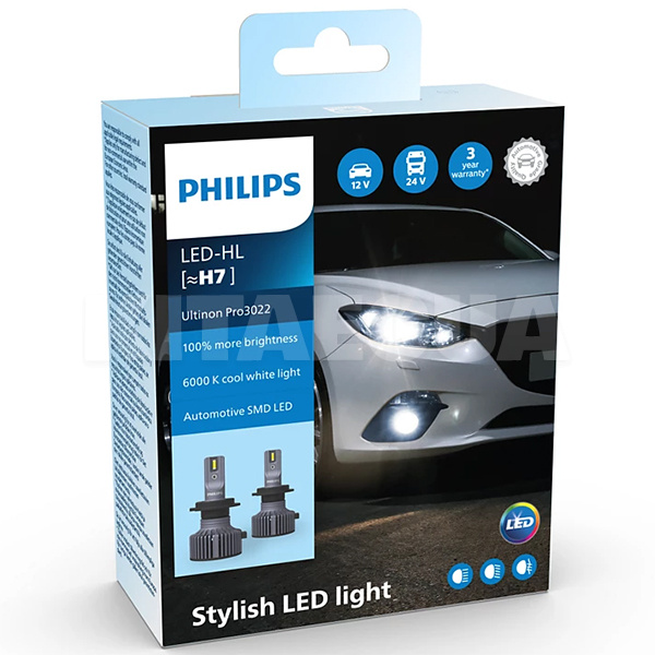 LED лампа для авто Ultinon Pro 3022 H7 20W 6000K (комплект) PHILIPS (11972U3022X2)