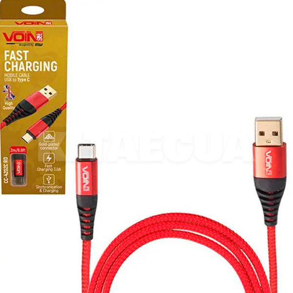 Кабель USB Type-C 3А 2м червоний VOIN (CC-4202C RD)