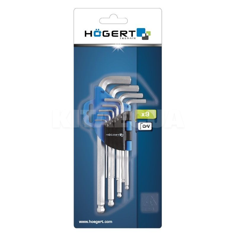 Набор ключей шестигранных Г-образных с шаровым наконечником 1.5-10 мм 9 предметов HOGERT (HT1W804) - 2