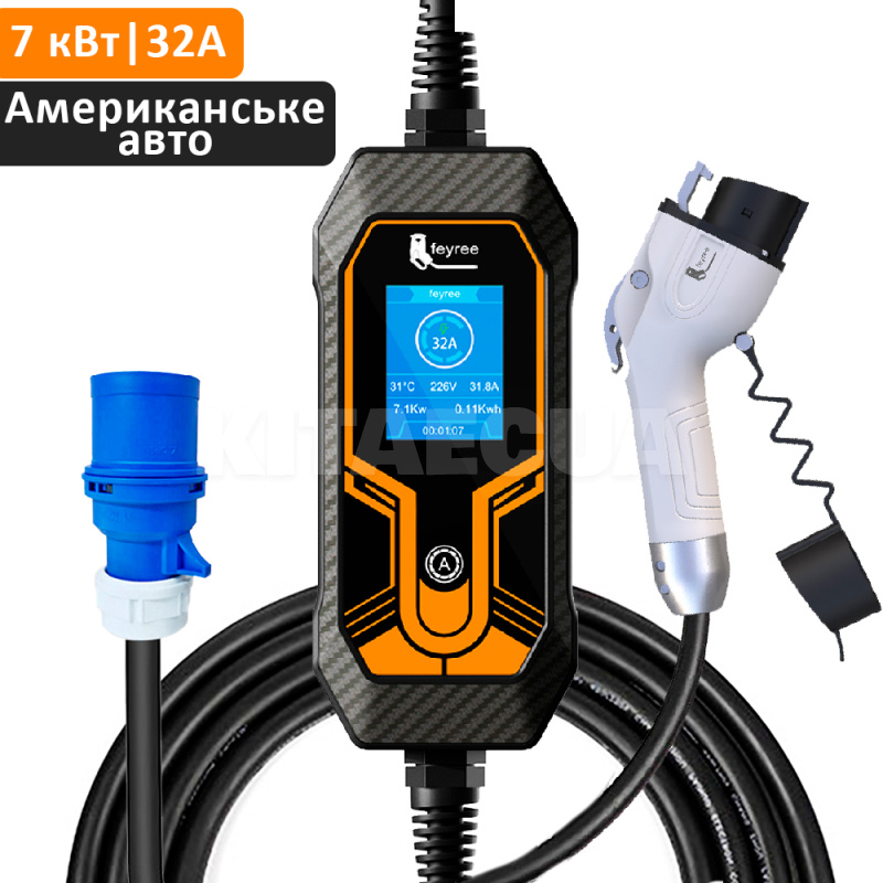 Зарядка для электромобиля 7.4 кВт 32А 1-фаза Type 1 (американское авто) Lion King FEYREE (FY7-32-1PH-TP1-K7-C5)