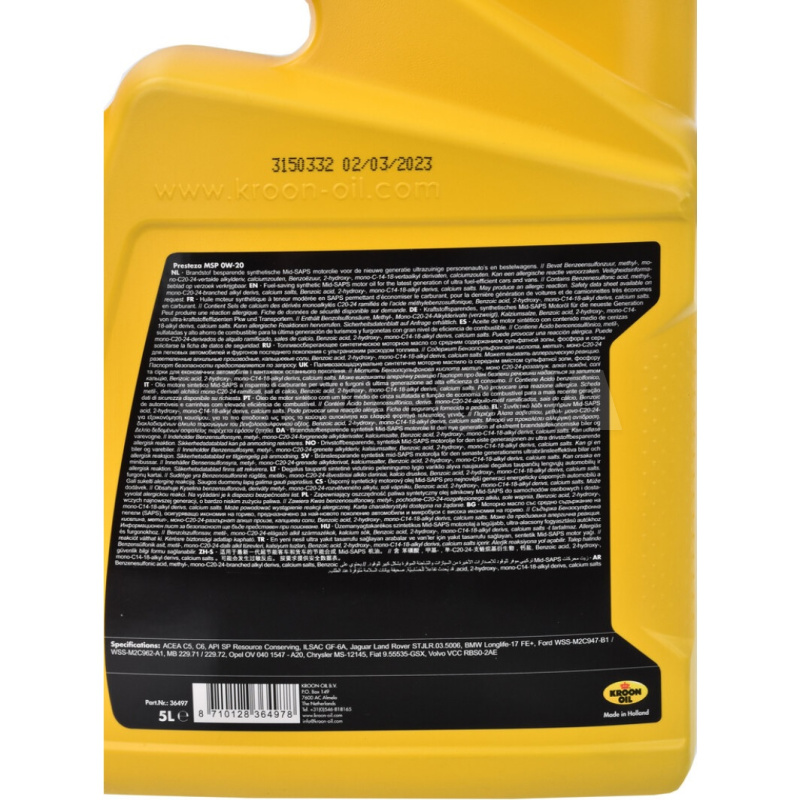 Масло моторное синтетическое 5л 0W-20 Presteza MSP KROON OIL (36497) - 3