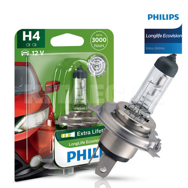 Галогенная лампа H4 60/55W 12V LongLife EcoVision PHILIPS (12342 LLECO B1)