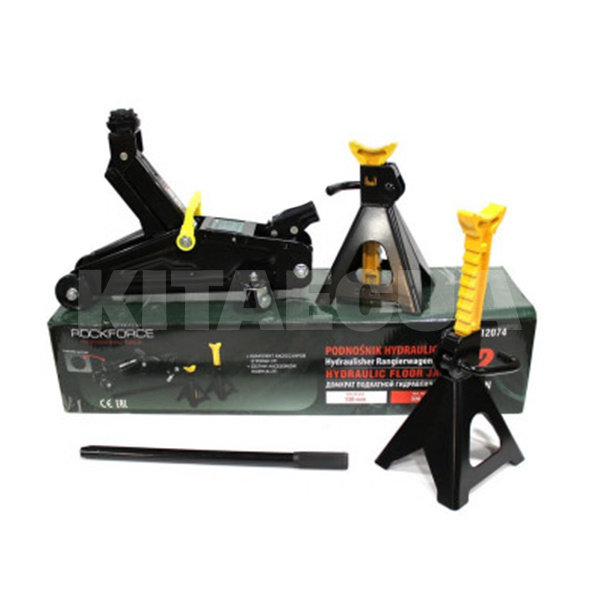 Домкрат гідравлічний підкатний до 2т (130мм-330мм) з гумовою накладкою + комплект стійок ROCKFORCE (RF-TH12074)