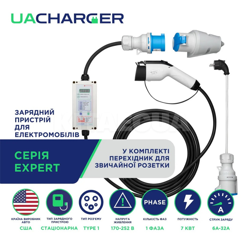 Зарядка для электромобиля 7.4 кВт 32А 1-фаза Type 1 (американское авто) 8м EXPERT UACHARGER (CHC-EX120711-21-8) - 4