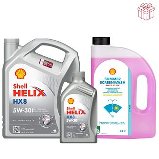 Масло моторное синтетическое 5W-30 Helix HX8 Synthetic (4л+1л) + Омыватель летний 4л SHELL