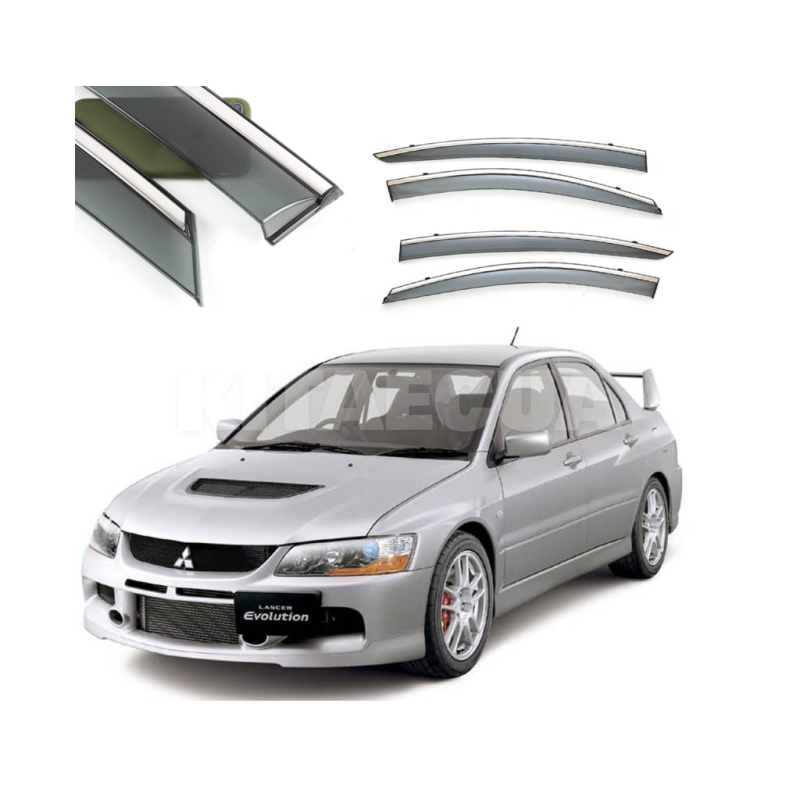 Дефлектори вікон (Вітровики) з нержавіючої сталі 3D на Mitsubishi Lancer X (2007-н.в.) 4 шт. FLY (BMTLC0923-W/S)