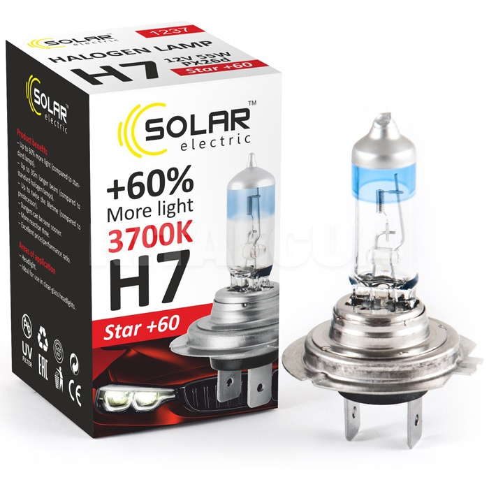 Галогенные лампы H7 55W 12V Starlight +60% комплект Solar (1237)