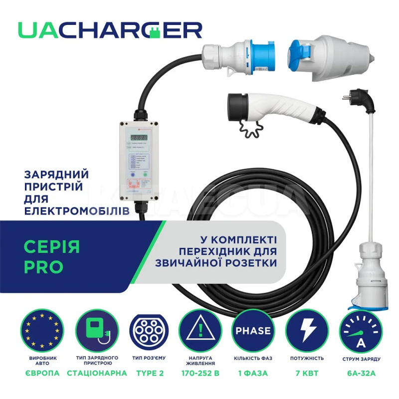 Зарядка для электромобиля 7.4 кВт 32А 1-фаза Type 2 (европейское авто) 10м PRO UACHARGER (CHC-PR120721-21-10) - 3