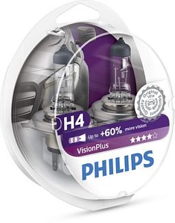 Галогенные лампы H4 60/55W 12V VisionPlus +60% комплект PHILIPS