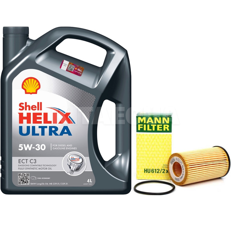 Масло синтетическое 4л 5W-30 Helix Ultra ECT C3 + фильтр Mann-Filter на Opel Astra 1.6 SHELL (204293-HU612-2x)